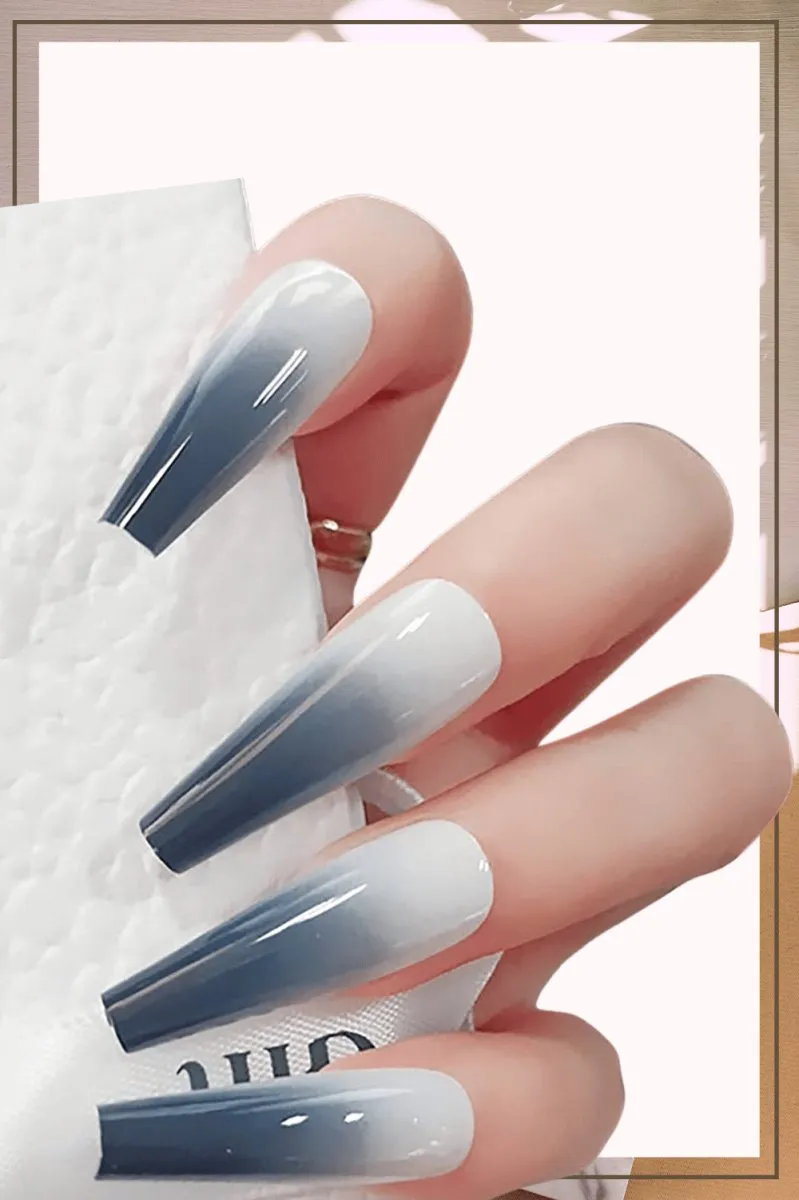 White Press On Nails Gray Ombre Glossy Coffin Nail Kit