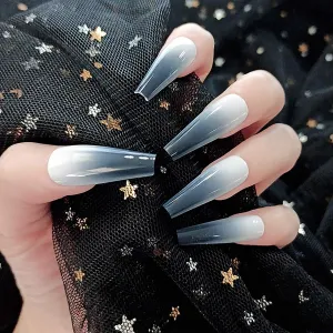 White Press On Nails Gray Ombre Glossy Coffin Nail Kit