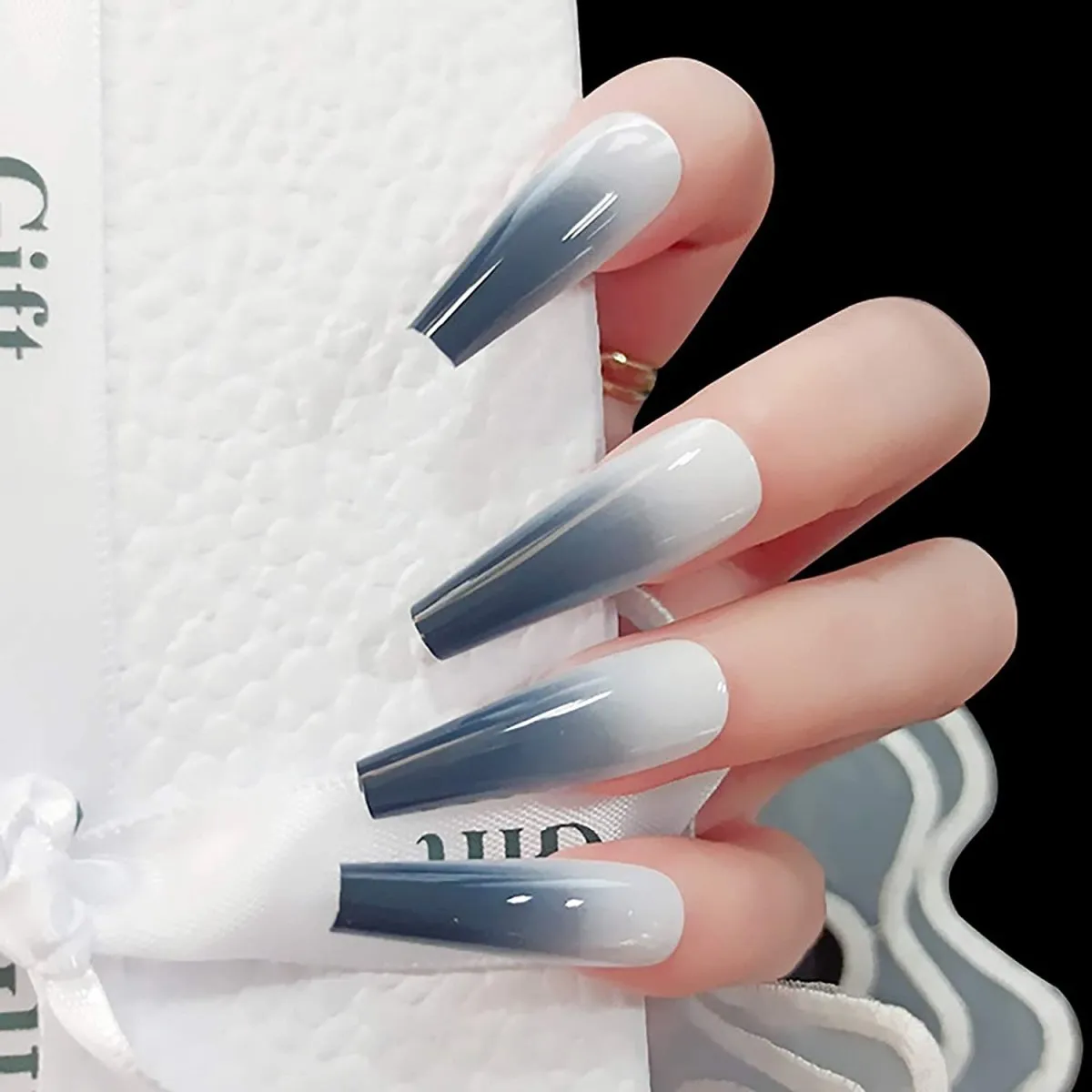 White Press On Nails Gray Ombre Glossy Coffin Nail Kit