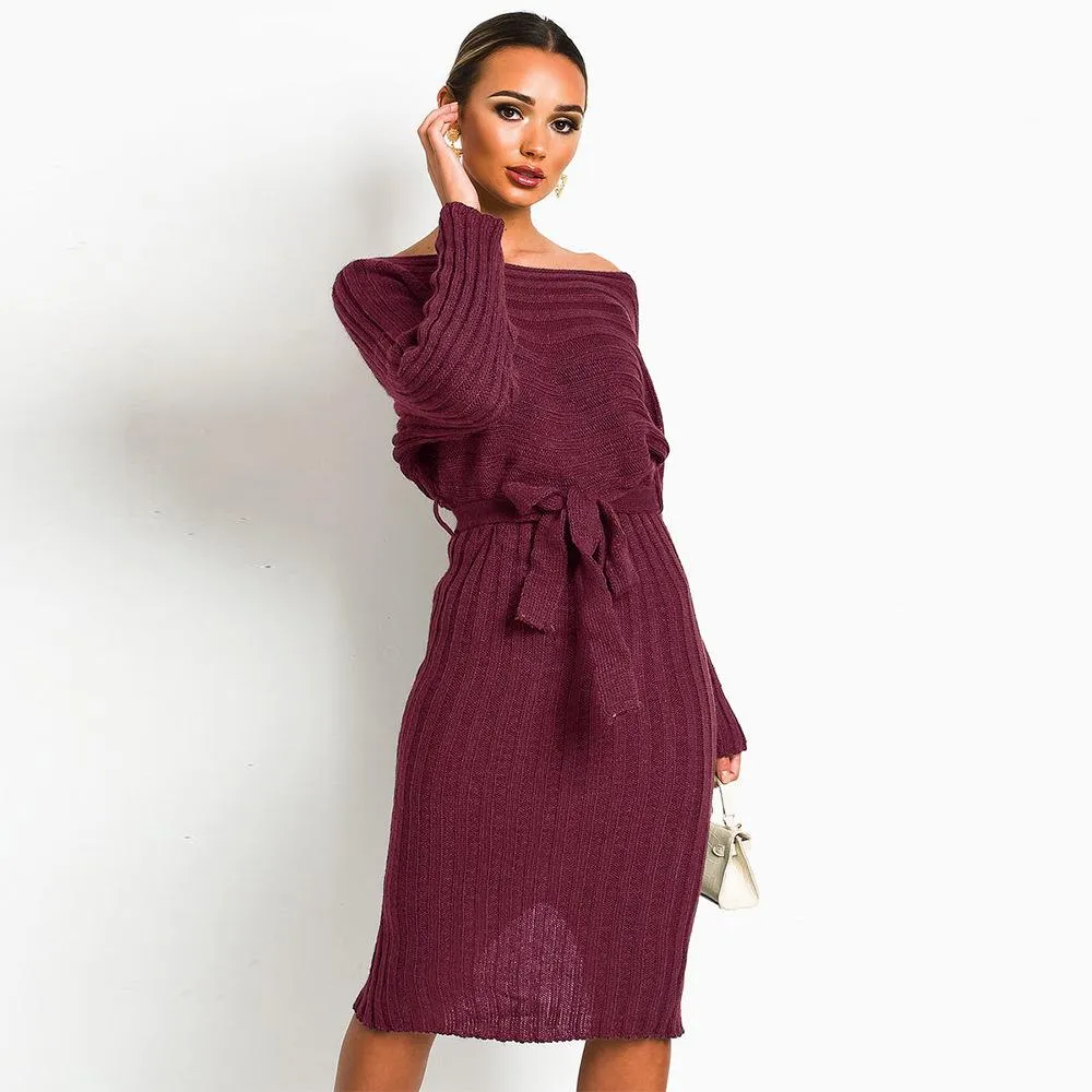 Women Knitting Pullover Lace Up Dresses for Winter