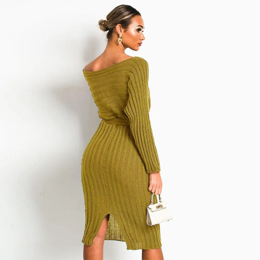 Women Knitting Pullover Lace Up Dresses for Winter