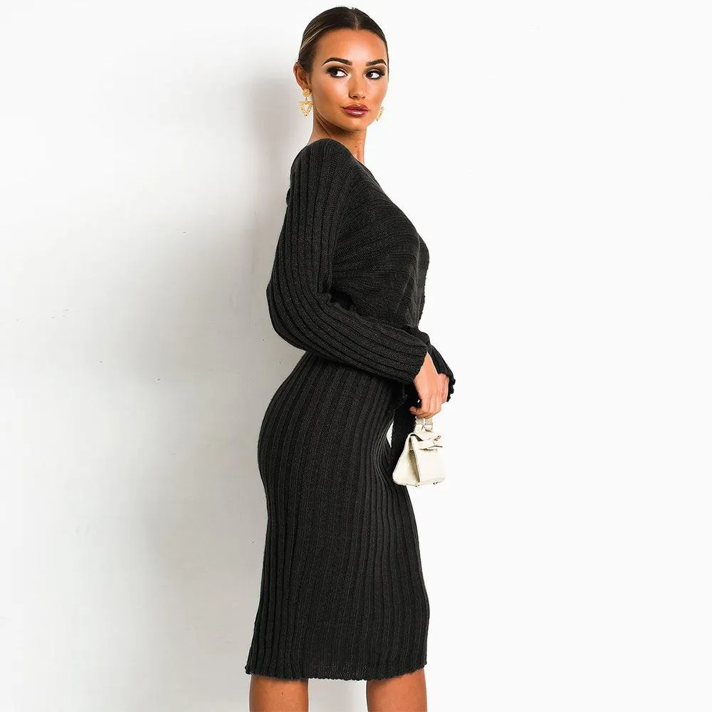 Women Knitting Pullover Lace Up Dresses for Winter