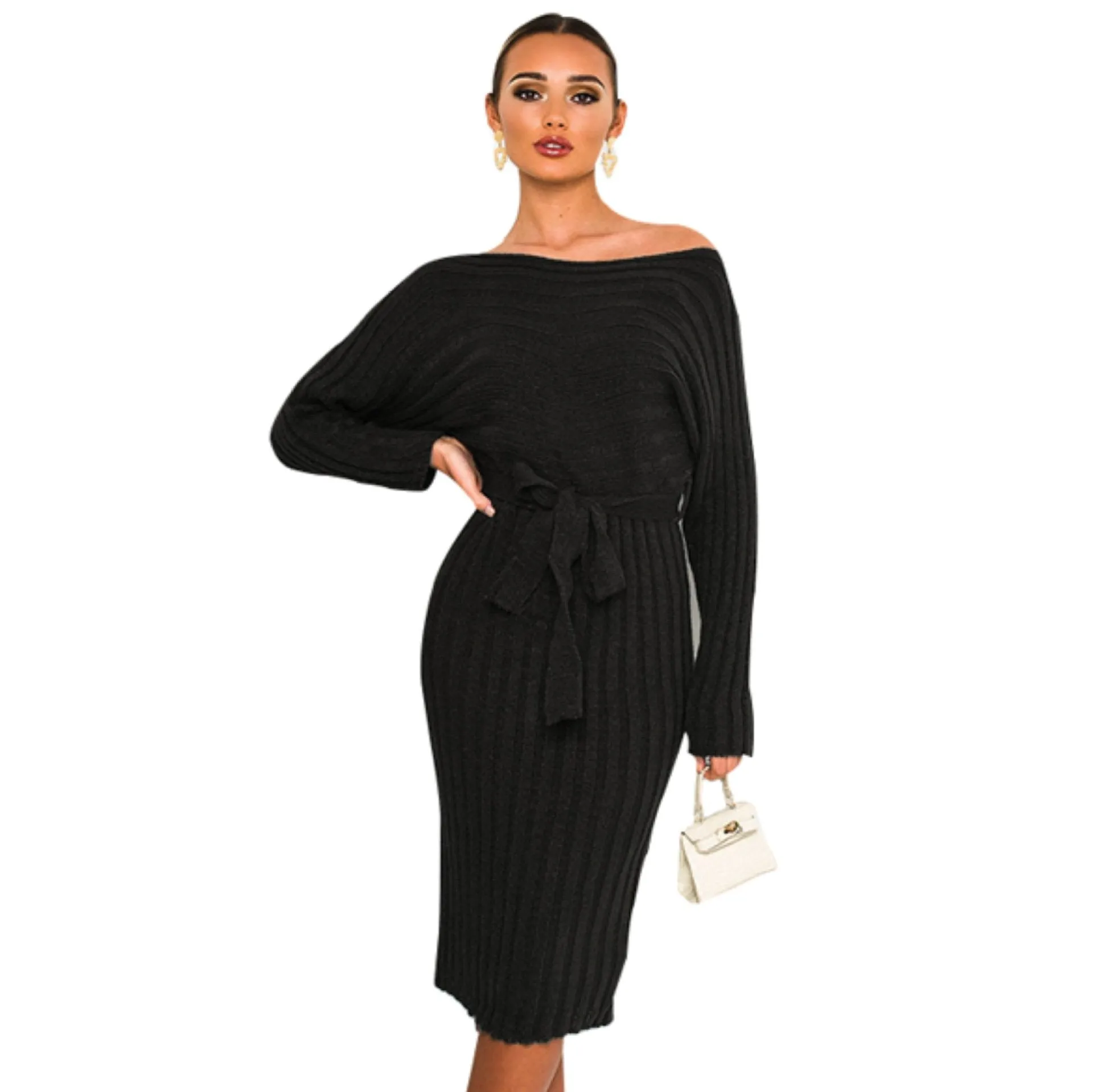 Women Knitting Pullover Lace Up Dresses for Winter