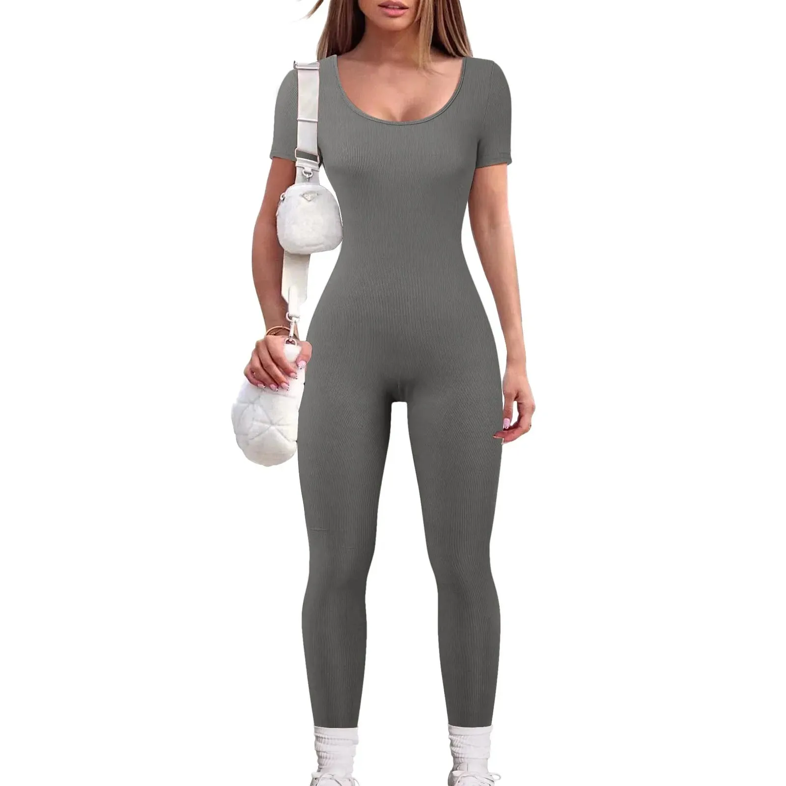 Women'S Yoga Pants Workout Ribbed Short Sleeve Round Neck Exercise Jumpsuit Solid Color Sexy Hip Lifting Jumpsuit Ropa De Mujer