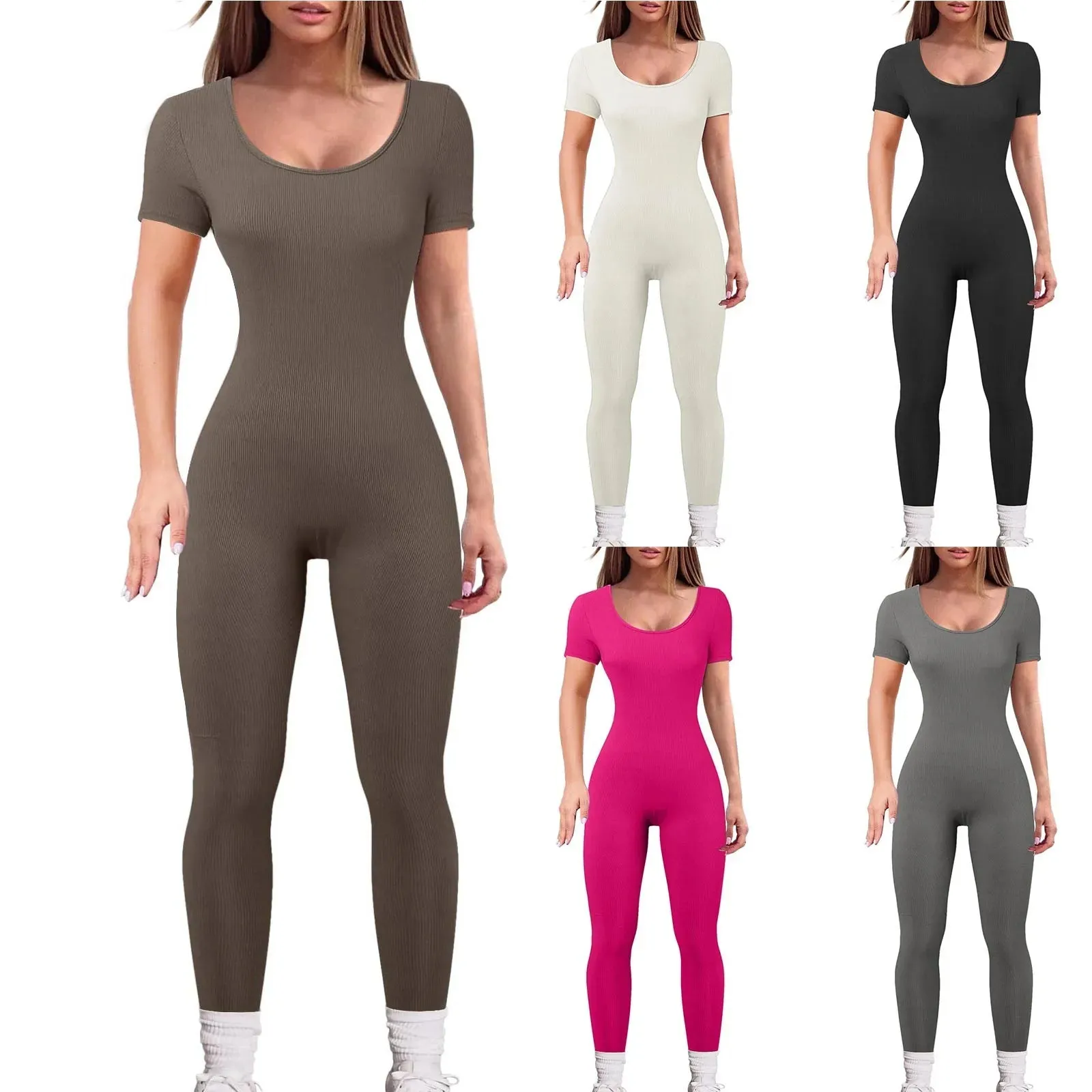 Women'S Yoga Pants Workout Ribbed Short Sleeve Round Neck Exercise Jumpsuit Solid Color Sexy Hip Lifting Jumpsuit Ropa De Mujer