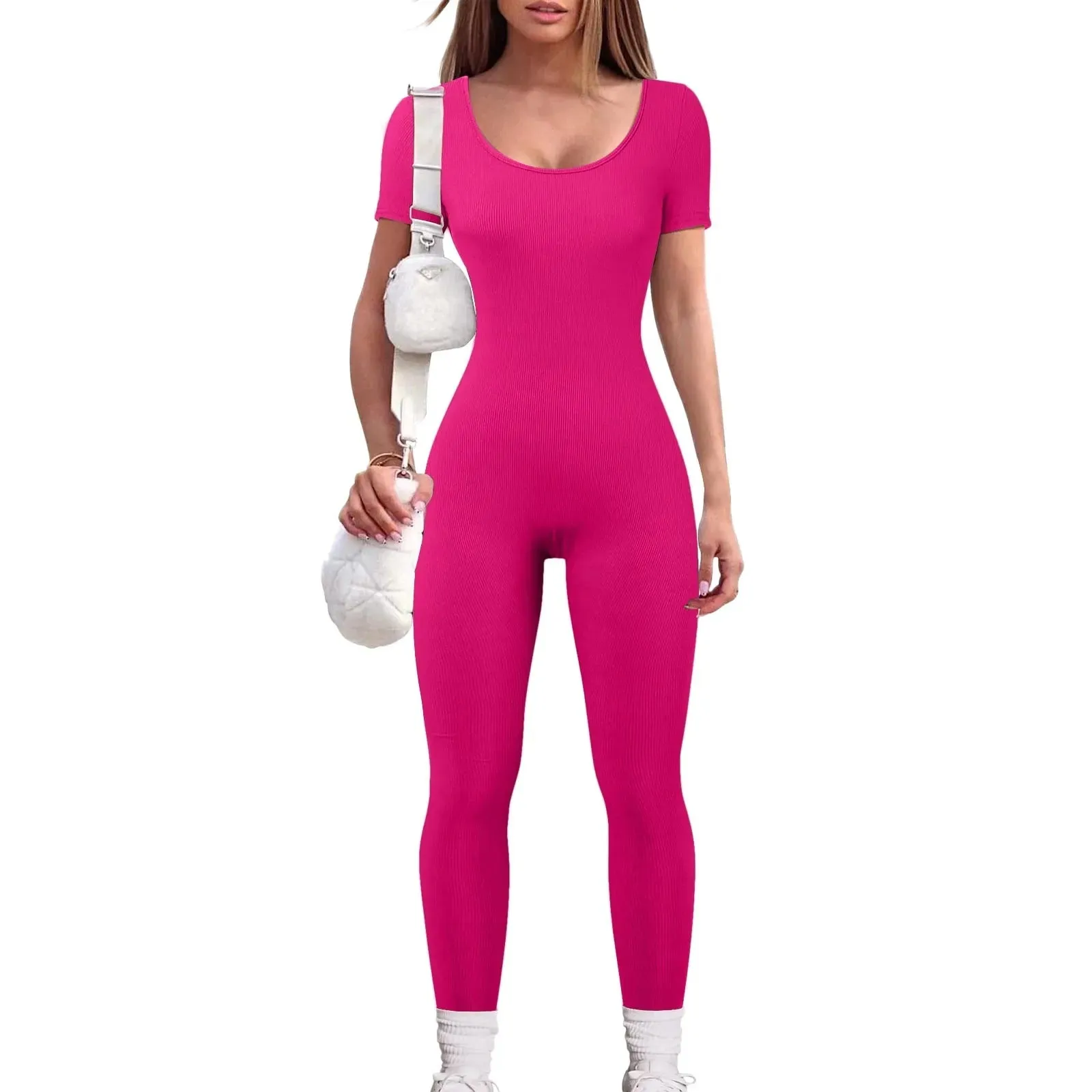 Women'S Yoga Pants Workout Ribbed Short Sleeve Round Neck Exercise Jumpsuit Solid Color Sexy Hip Lifting Jumpsuit Ropa De Mujer