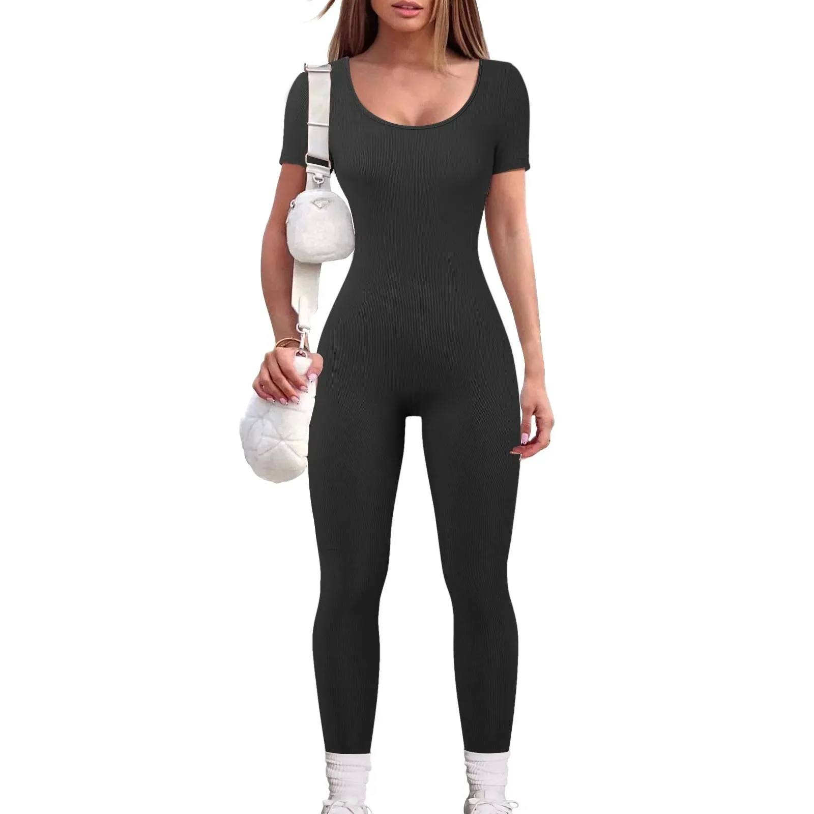 Women'S Yoga Pants Workout Ribbed Short Sleeve Round Neck Exercise Jumpsuit Solid Color Sexy Hip Lifting Jumpsuit Ropa De Mujer