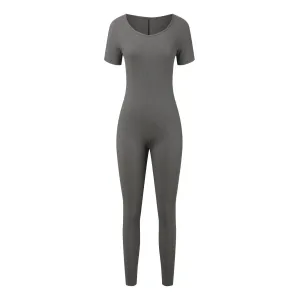 Women'S Yoga Pants Workout Ribbed Short Sleeve Round Neck Exercise Jumpsuit Solid Color Sexy Hip Lifting Jumpsuit Ropa De Mujer