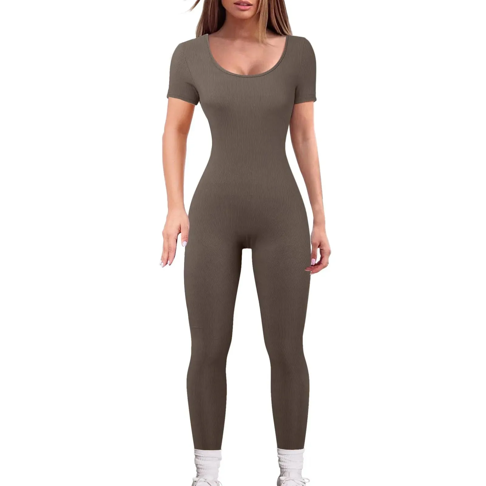 Women'S Yoga Pants Workout Ribbed Short Sleeve Round Neck Exercise Jumpsuit Solid Color Sexy Hip Lifting Jumpsuit Ropa De Mujer