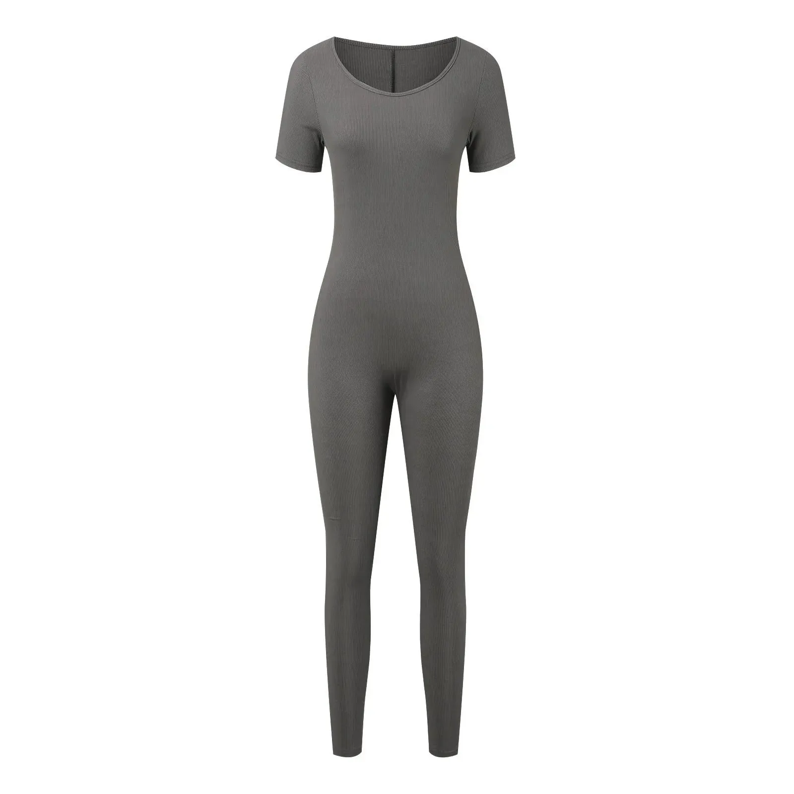 Women'S Yoga Pants Workout Ribbed Short Sleeve Round Neck Exercise Jumpsuit Solid Color Sexy Hip Lifting Jumpsuit Ropa De Mujer