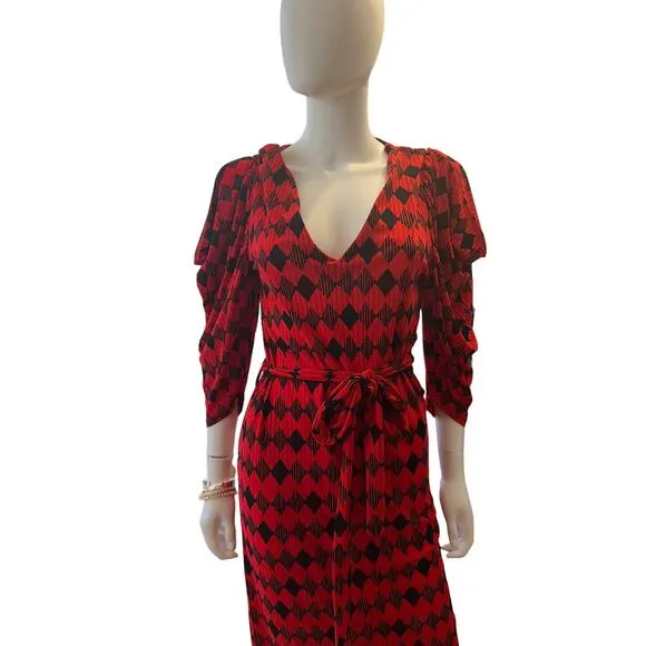 Zara Collection Red Geometric Mesh Puff Sleeve Maxi Dress S