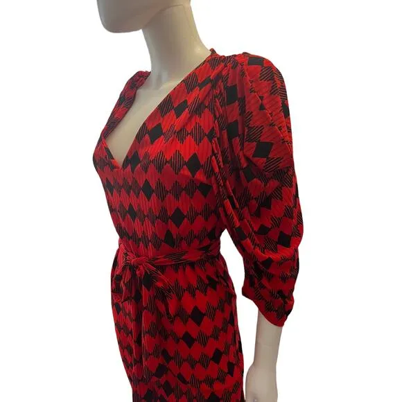Zara Collection Red Geometric Mesh Puff Sleeve Maxi Dress S
