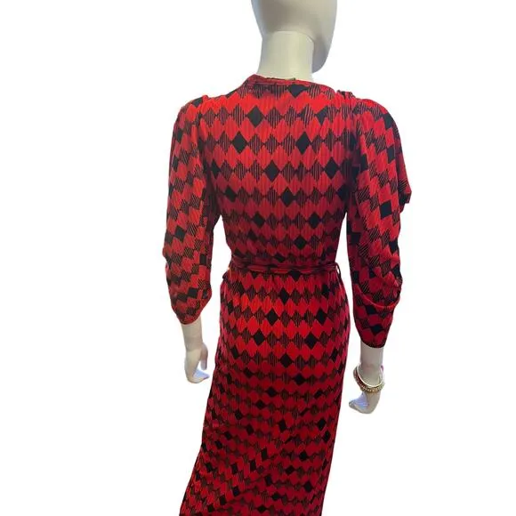 Zara Collection Red Geometric Mesh Puff Sleeve Maxi Dress S